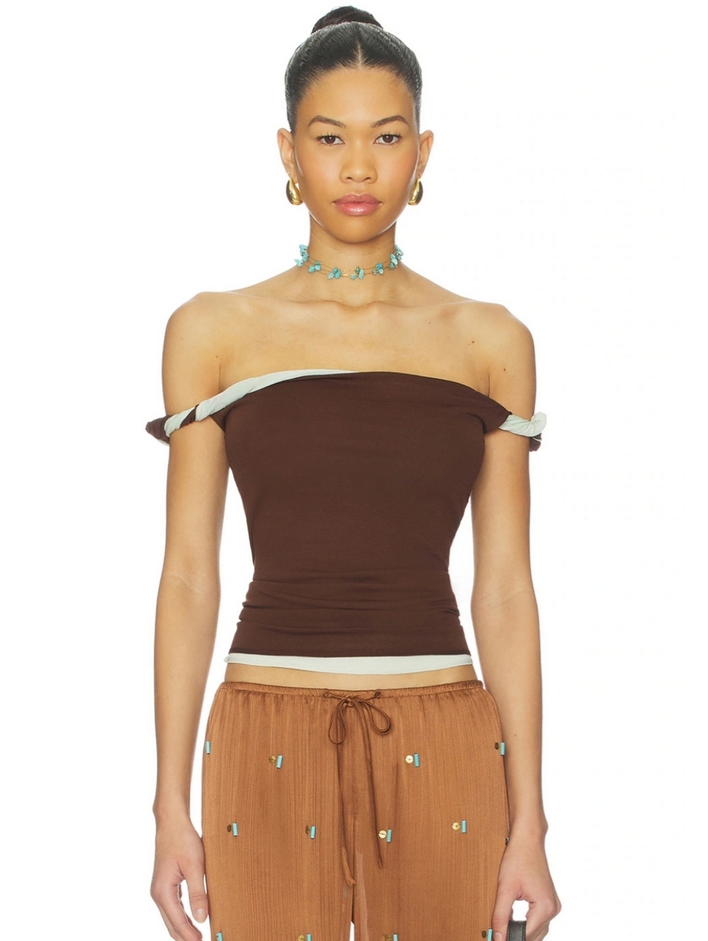 Elia Off Shoulder Twist Top in Chocolate Mint